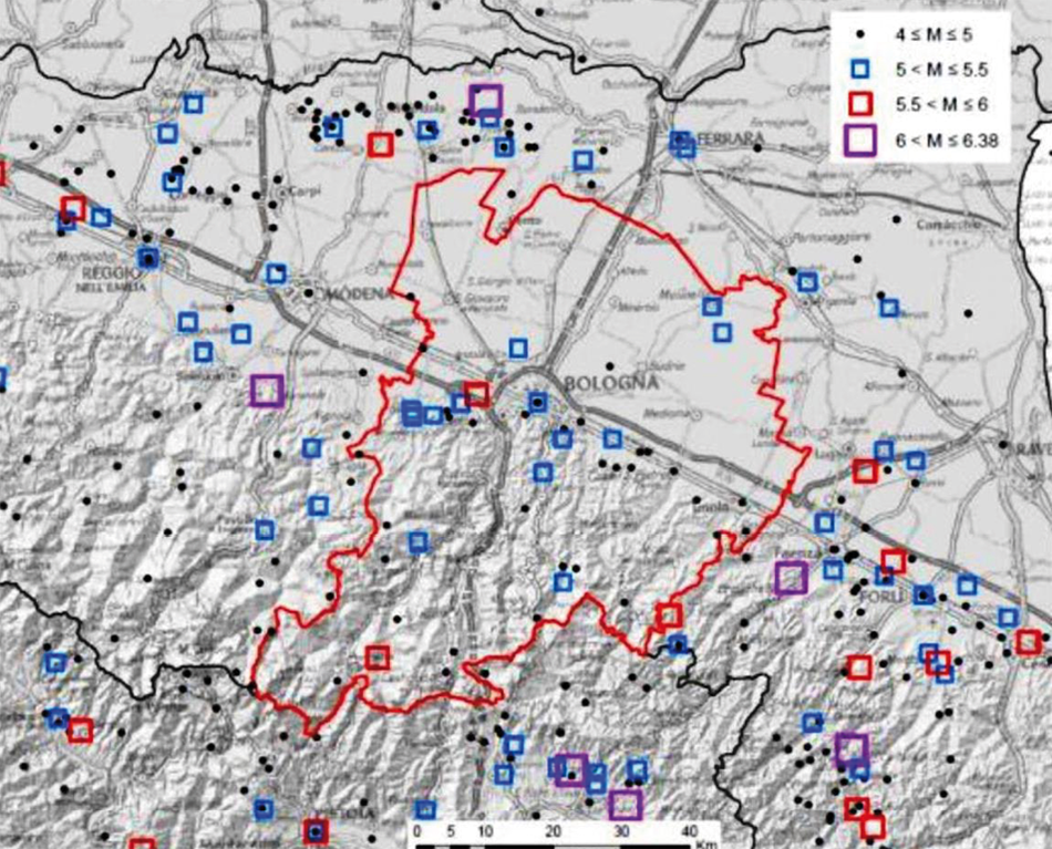 Epicentri dei principali terremoti (MW≥4) a partire dall'anno 1000 (da Rovida et al, 2016)