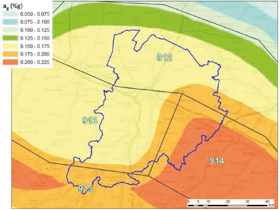 Particolare della zonazione sismogenetica ZS9 (Meletti e Valensise, 2004) e stralcio della Mappa di pericolosità sismica di base TR= 475 anni (Gruppo di lavoro MPS, 2004) relativa al territorio della Città metropolitana