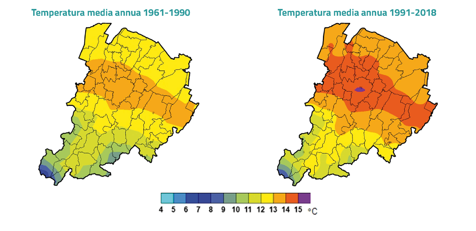 Distribuzione spaziale della temperatura media annua per i periodi:1961-1990 e 1991-2018
