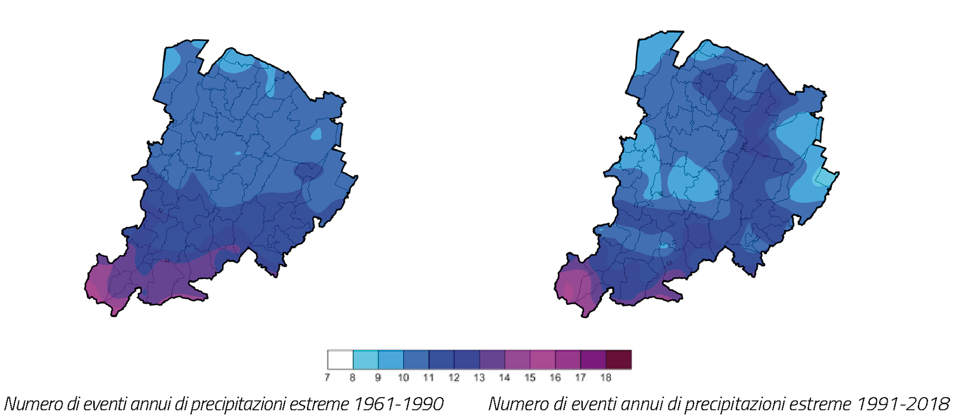 Distribuzione spaziale della frequenza annua di eventi estremi