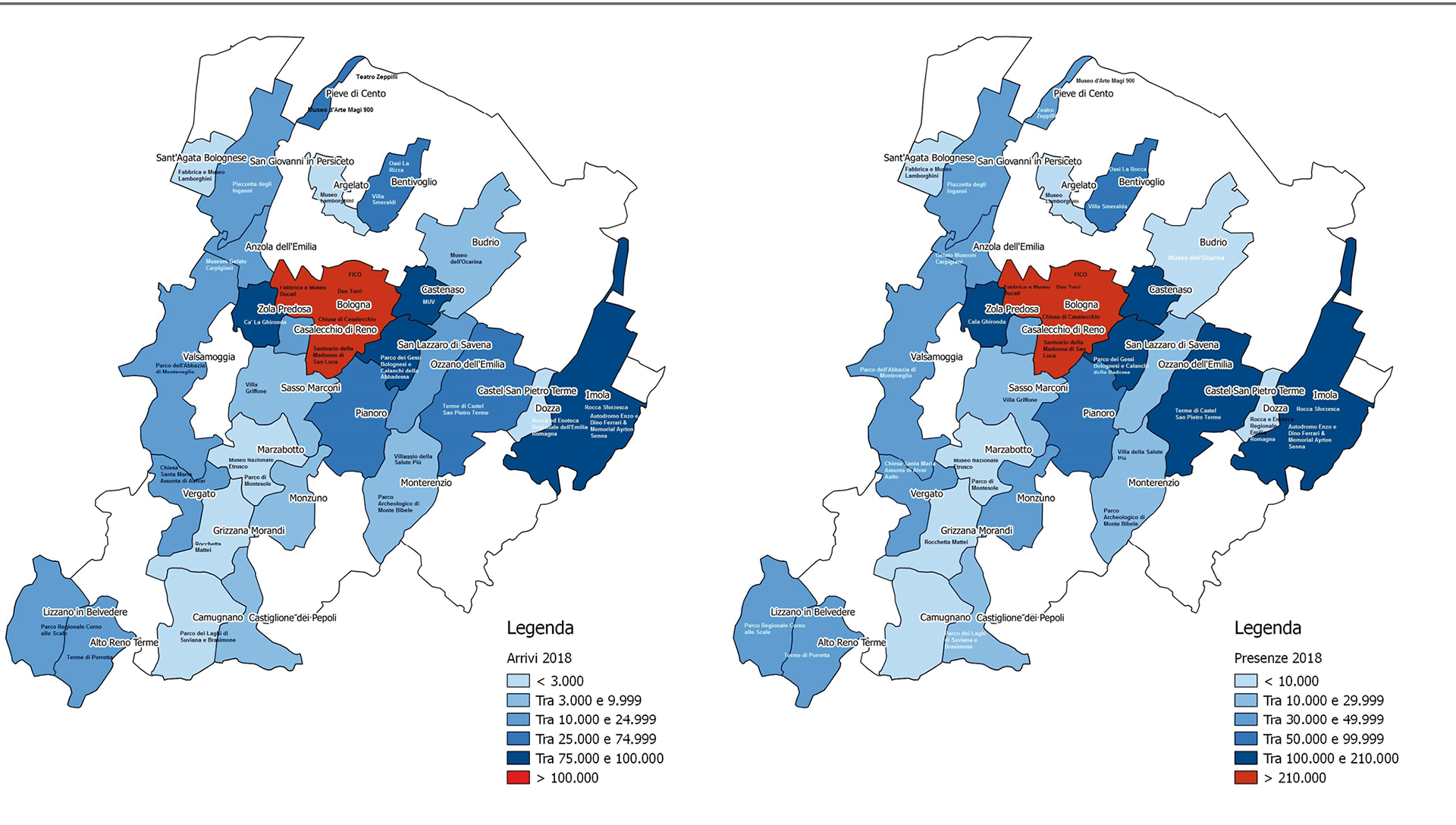 Arrivi turistici (sx) e Presenze turistiche (dx) nei comuni con attrattori per classi di numerosità - Anni 2014 - 2018 