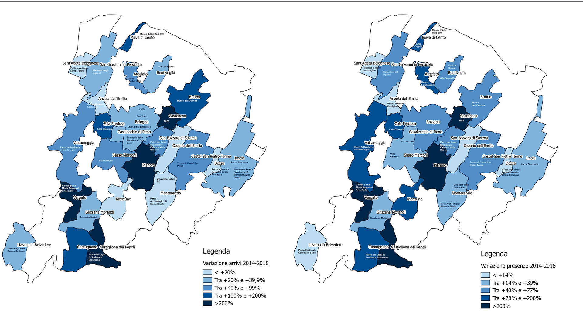 Arrivi turistici (sx) e Presenze turistiche (dx) nei comuni con attrattori per classi di variazioni percentuali - Anni 2014 - 2018